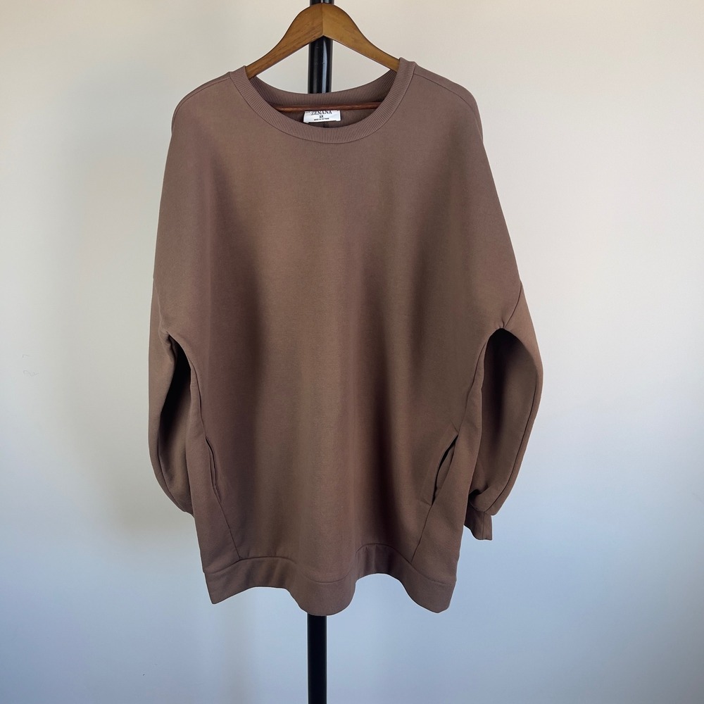 Zenana Womens 2X Brown Oversized Fleece Pockets Sweatshirt OT-2921XBA